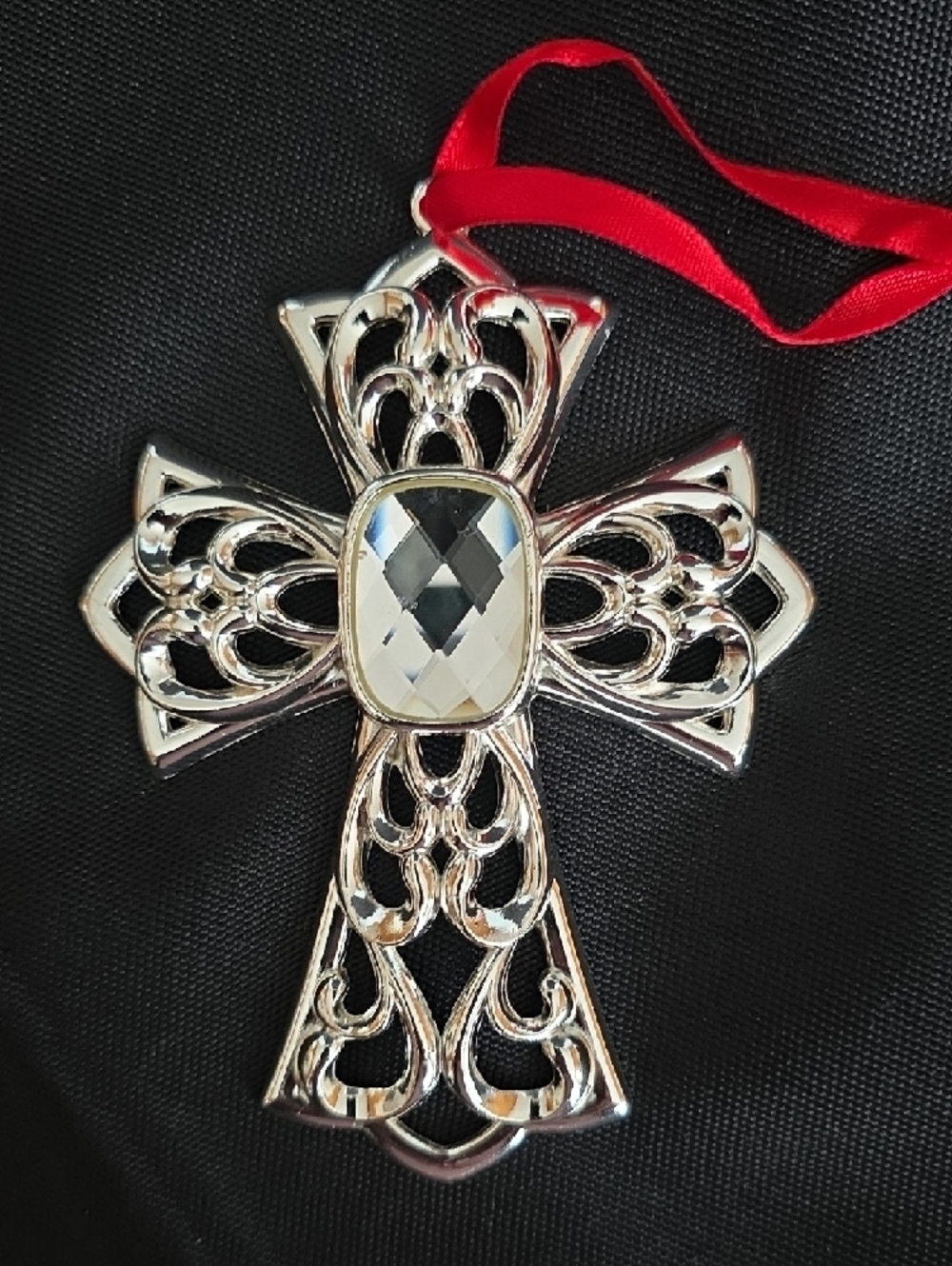 Lenox Silver Filigree Cross Ornament with Red Ribbon